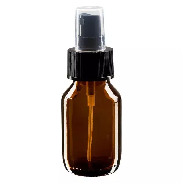 Frasco para medicamentos de 50ml castanho, com bomba atomizadora preta ApoGlas Frasco para medicamentos de 50ml castanho, com bomba atomizadora preta ApoGlas