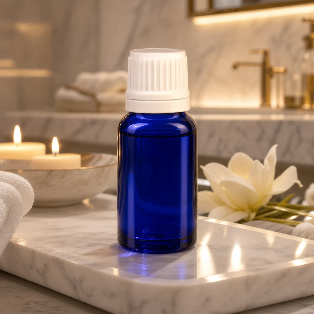 Frasco de farmácia de 10 ml em azul cobalto com tampa de segurança para crianças branca sobre fundo de mármore