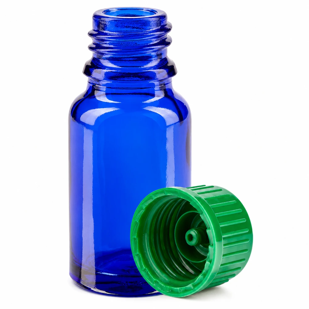 Frasco de vidro de 10 ml BlueLine UT18 10 com tampa standard verde de 11 mm para óleos essenciais
