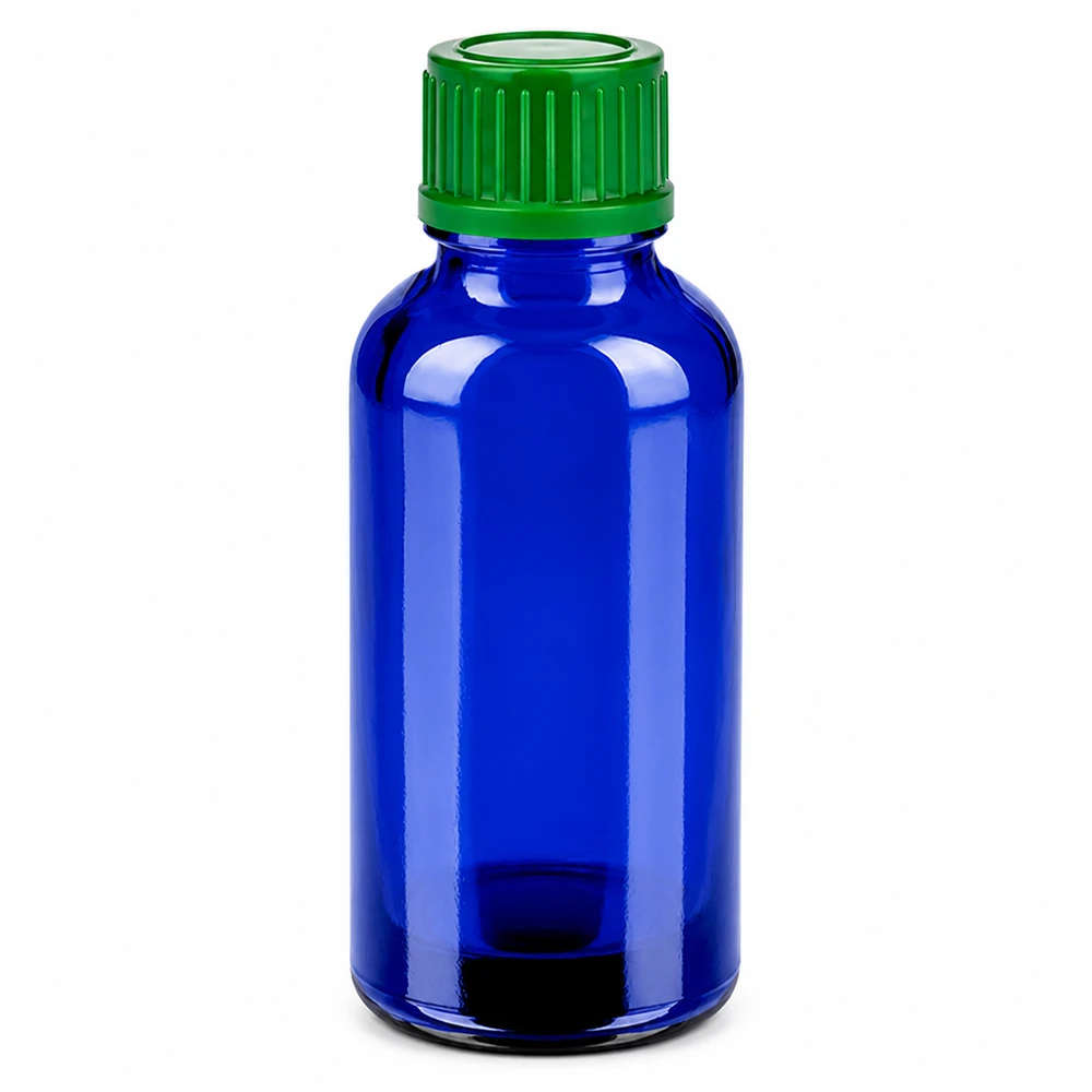 Frasco de vidro azul de 30 ml com tampa de rosca verde para óleos essenciais e medicamentos