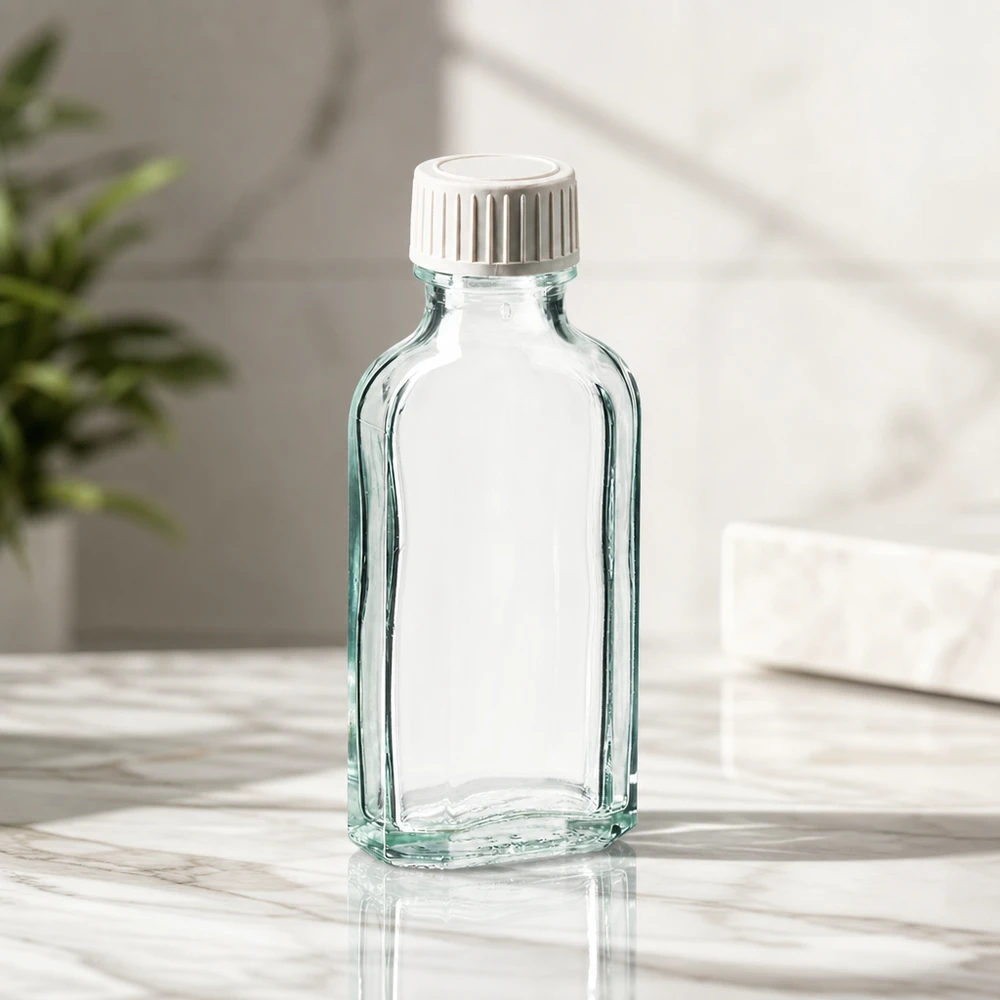 Frasco Meplat transparente vazio de 50 ml com inserção de espuma de PE sobre uma superfície de mármore