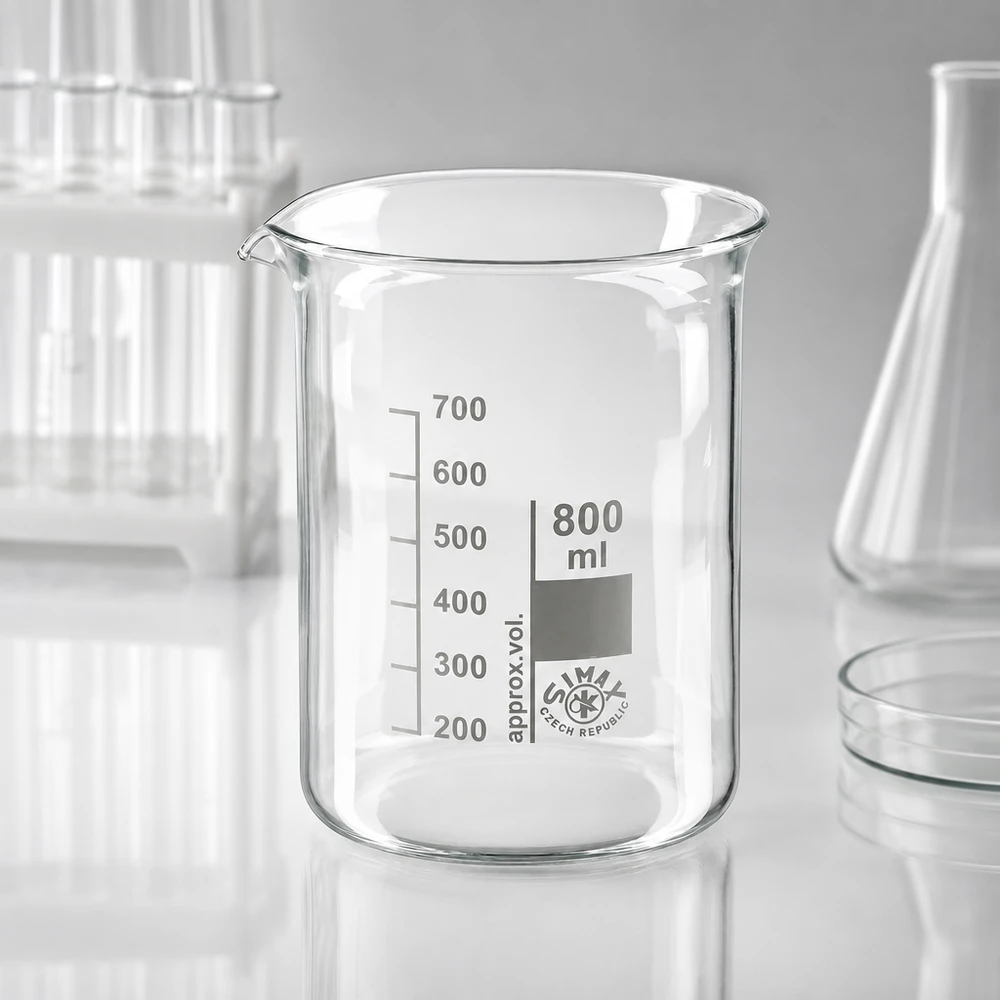 Copo 800ml de vidro borossilicato, forma baixa Copo transparente de 800 ml em vidro borossilicato com escala clara em mililitros para medições exactas