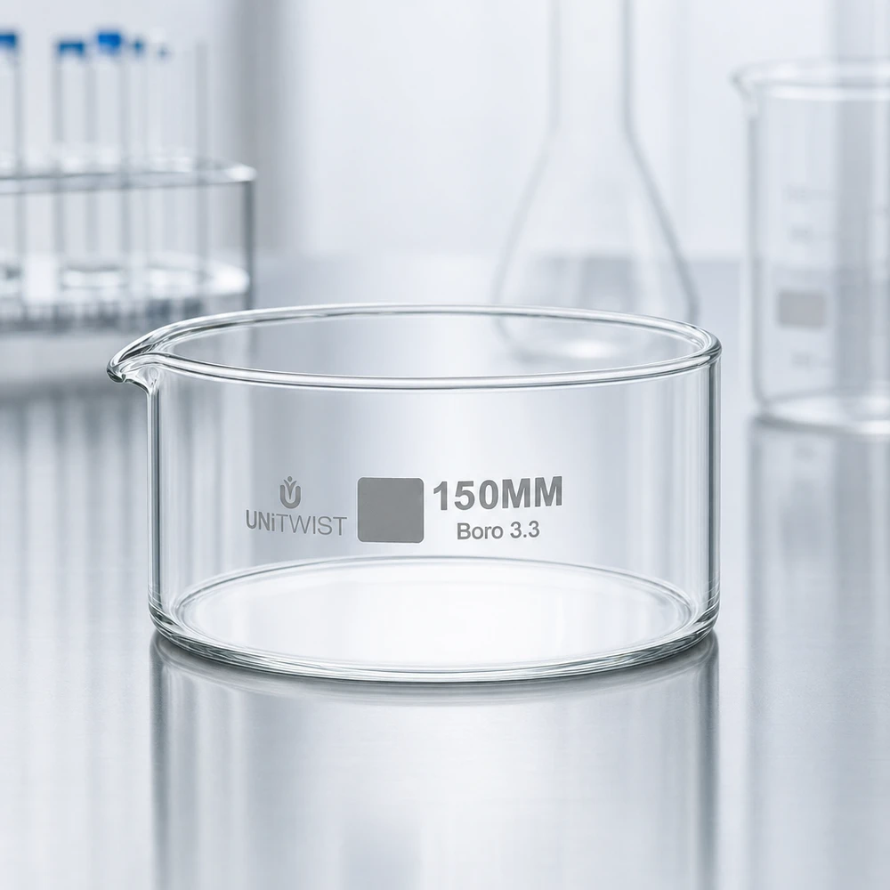 Taça de cristalização de 150 mm UNiTWIST Boro 3.3, vidro borossilicato transparente, resistente ao calor e aos produtos químicos
