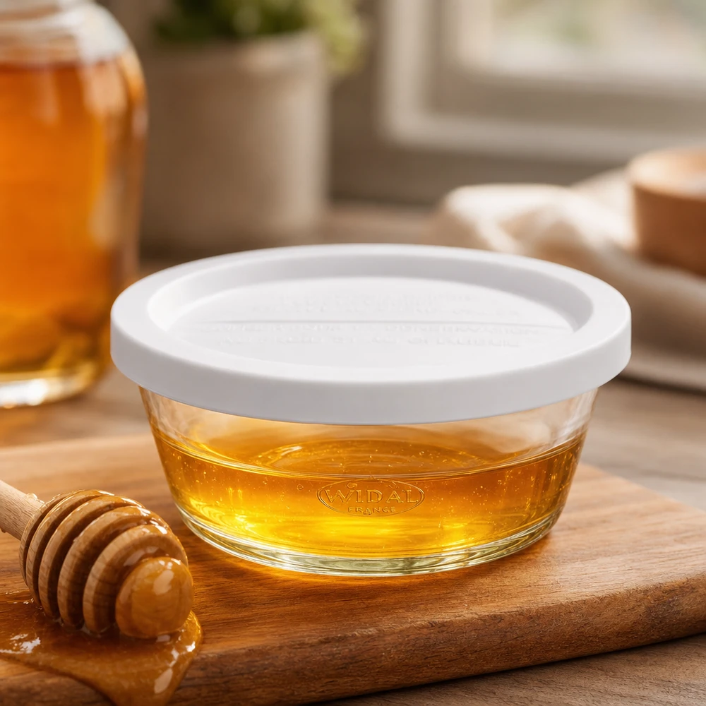 300ml Gourmetglas mit Frisched. WECK RR120 Frasco gourmet WECK RR120 de 300 ml cheio de mel numa tábua de madeira com uma colher de mel como exemplo de utilização
