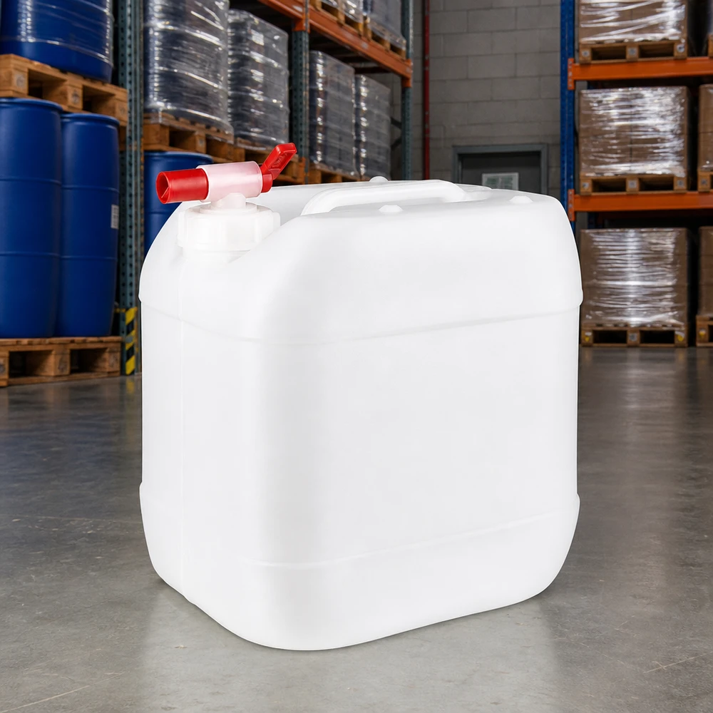 Bidão de 15 litros com torneira de escoamento Bidão de plástico de 15 L, adequado para alimentos, com torneira, num armazém branco