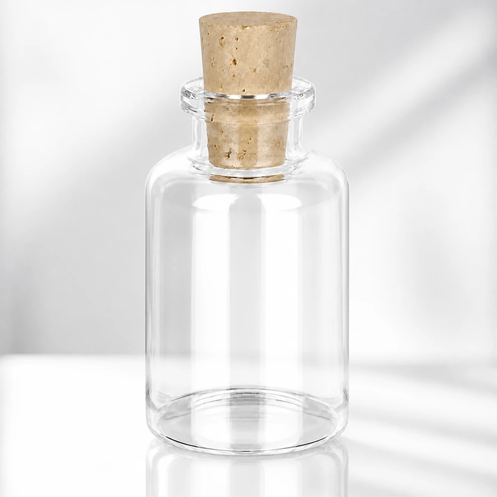 Frasco de vidro transparente 30ml com rolha 11/14mm Glasflasche mit breitem Korpus 30ml und konischem Korken 11/14mm aus natürlichem Material
