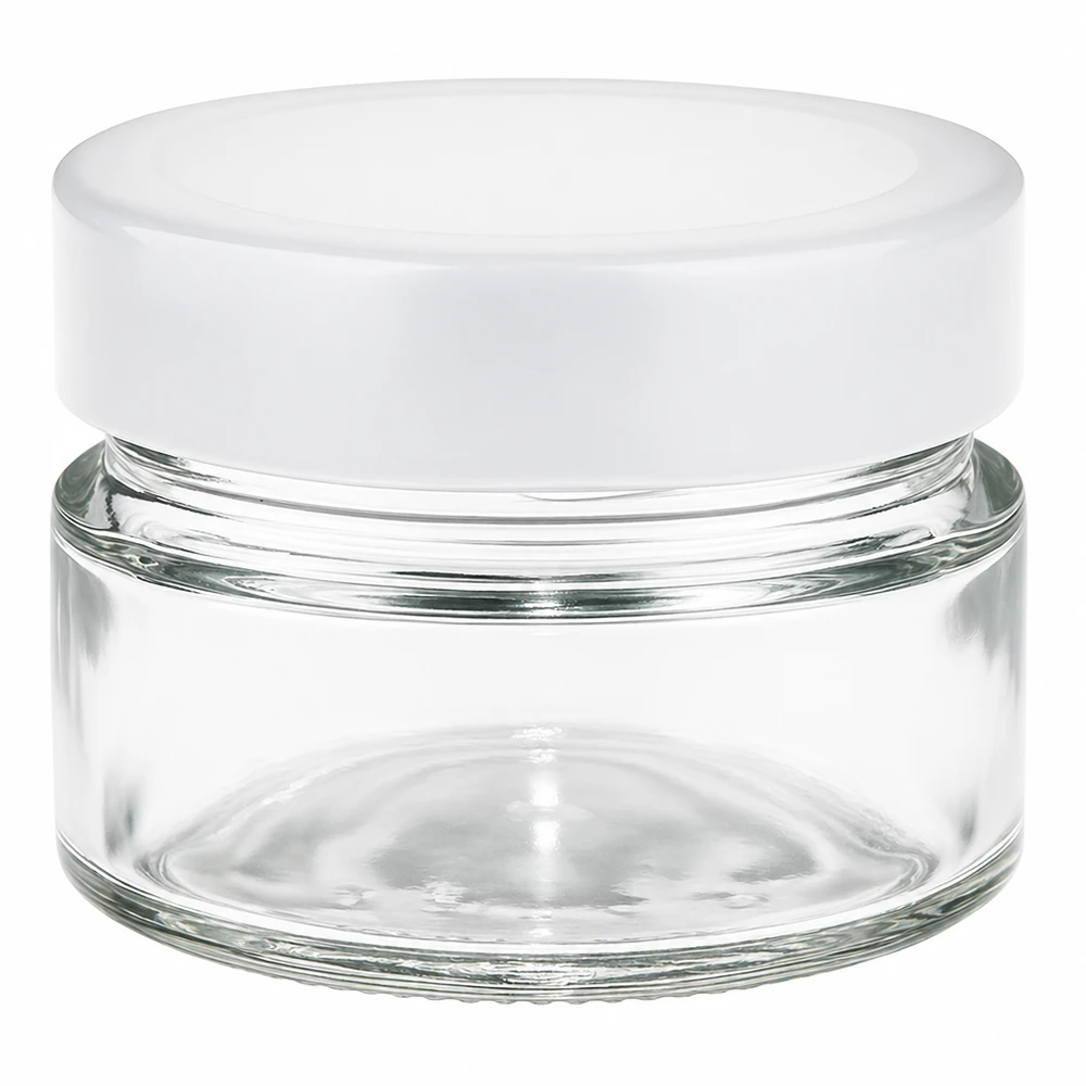 Frasco redondo de 80 ml com tampa BasicSeal branca - recipiente de vidro transparente para cosméticos e armazenamento