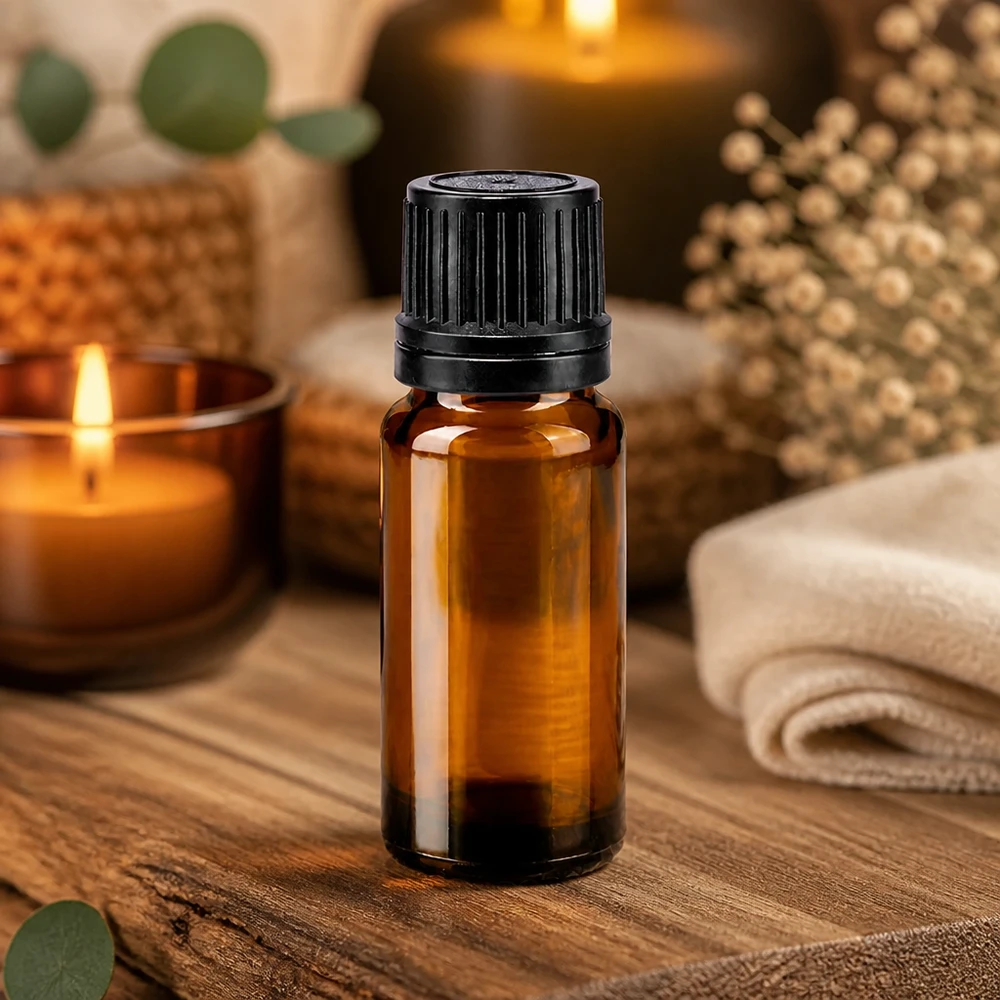 Frasco de vidro castanho de 10 ml com tampa OV preta, entre velas e decoração natural sobre madeira