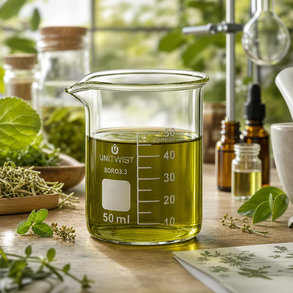 Frasco de vidro de 50 ml UNiTWIST, formato baixo, com óleo de ervas verde-amarelado até ao nível de 40 ml no Naturlabor
