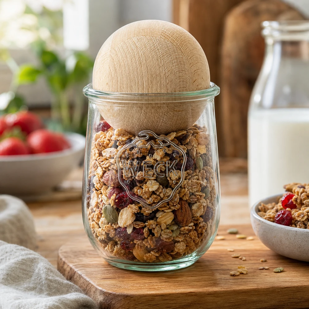 Frasco tulipa de 1062ml WECK RR100 com bola de madeira faia O frasco de arrumação WECK 1062ml RR100 cheio de muesli e frutos secos mostra a arrumação prática da cozinha com bola de madeira de faia