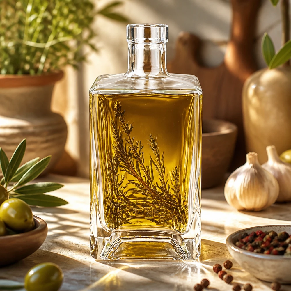 700ml Glasflasche "Gali" ohne Verschluss UNiTWIST® Garrafa de vidro Ben 700ml cheia de azeite e ervas aromáticas na cozinha mediterrânica como exemplo de utilização