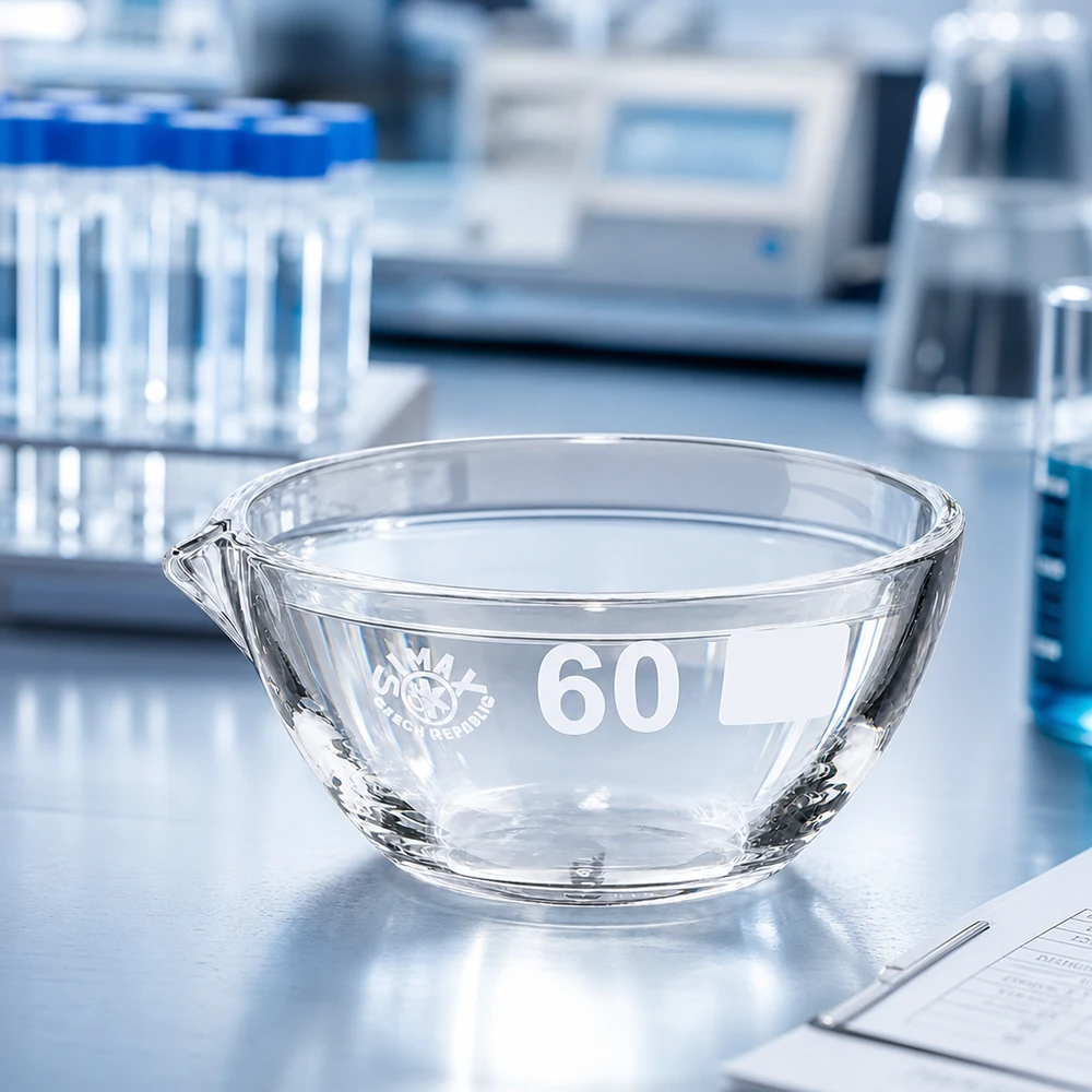 Tabuleiro de vapor de 45ml com bico de borosilicato ø60mm Prato de evaporação compacto de 45 ml com bico de ø60 mm em borossilicato robusto para trabalhos de laboratório
