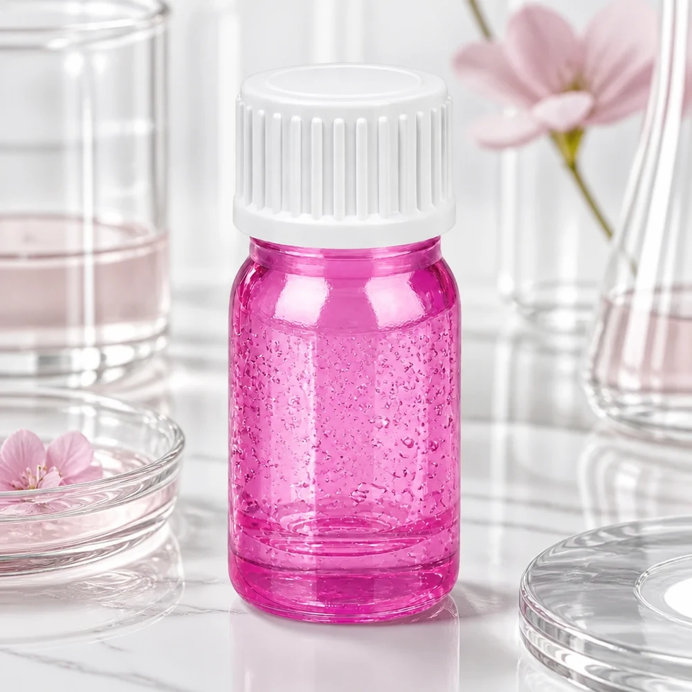 Frasco de 5 ml (glóbulo) com anel de vazamento de 3 mm branco padrão PurpleLine UT18/5 Frasco de vidro cor-de-rosa de 5 ml com tampa de rosca branca e superfície texturada para aplicações cosméticas