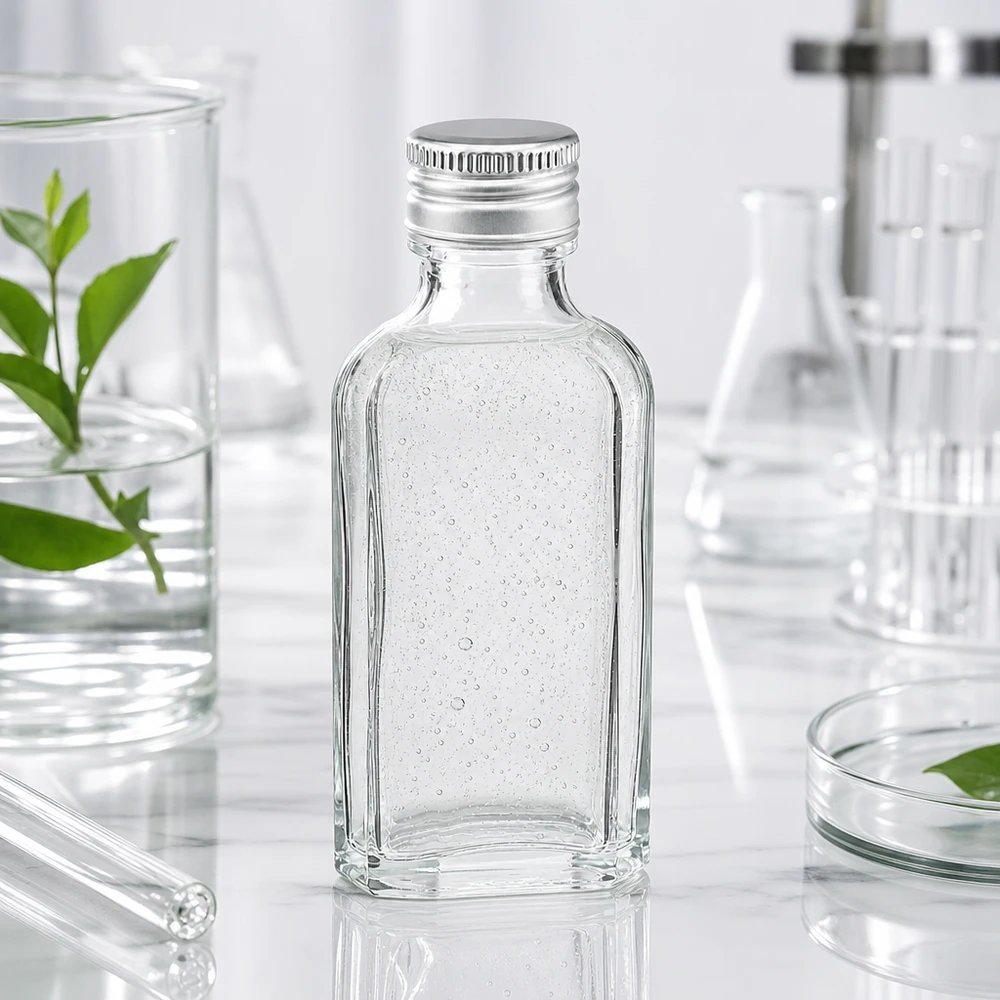 50 ml Meplat transparente com tampa de alumínio prata PP22 Ambiente de laboratório com um frasco de vidro Meplat transparente de 50 ml e uma tampa de alumínio PP22 prateada sobre mármore