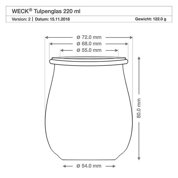 Frasco em forma de tulipa de 220 ml com tampa de conservação WECK RR60 Desenho técnico do frasco de tulipa WECK 220ml RR60 com medidas e dimensões - Especificação do produto frasco de conserva