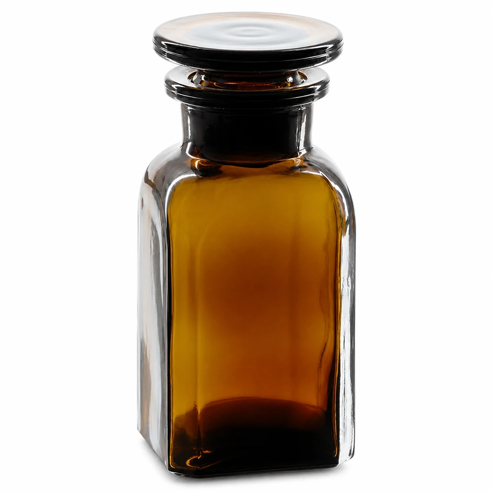 Frasco quadrado 100ml castanho com gargalo largo e rolha de vidro Frasco quadrado de 100 ml, castanho, com rolha de vidro e gargalo largo, para laboratório e farmácia