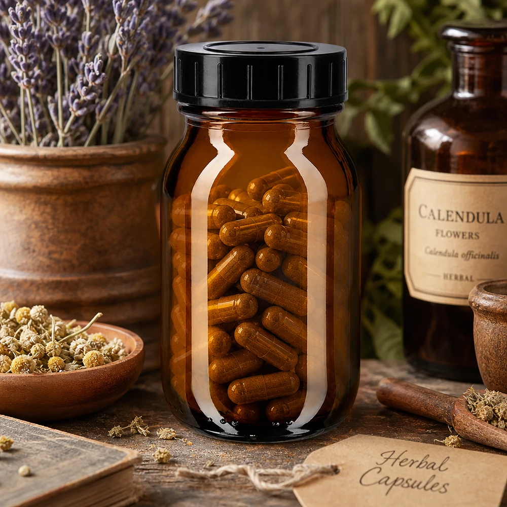 Frasco de vidro âmbar com gargalo largo de 100ml com tampa de rosca Frasco de vidro âmbar de gargalo largo de 100 ml com tampa de rosca prática para cápsulas e comprimidos