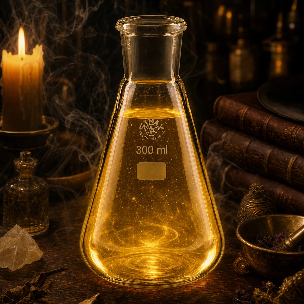 Erlenmeyer de 300 ml com junta esmerilada standard 29/32 em amarelo dourado iluminado para tecnologia de laboratório