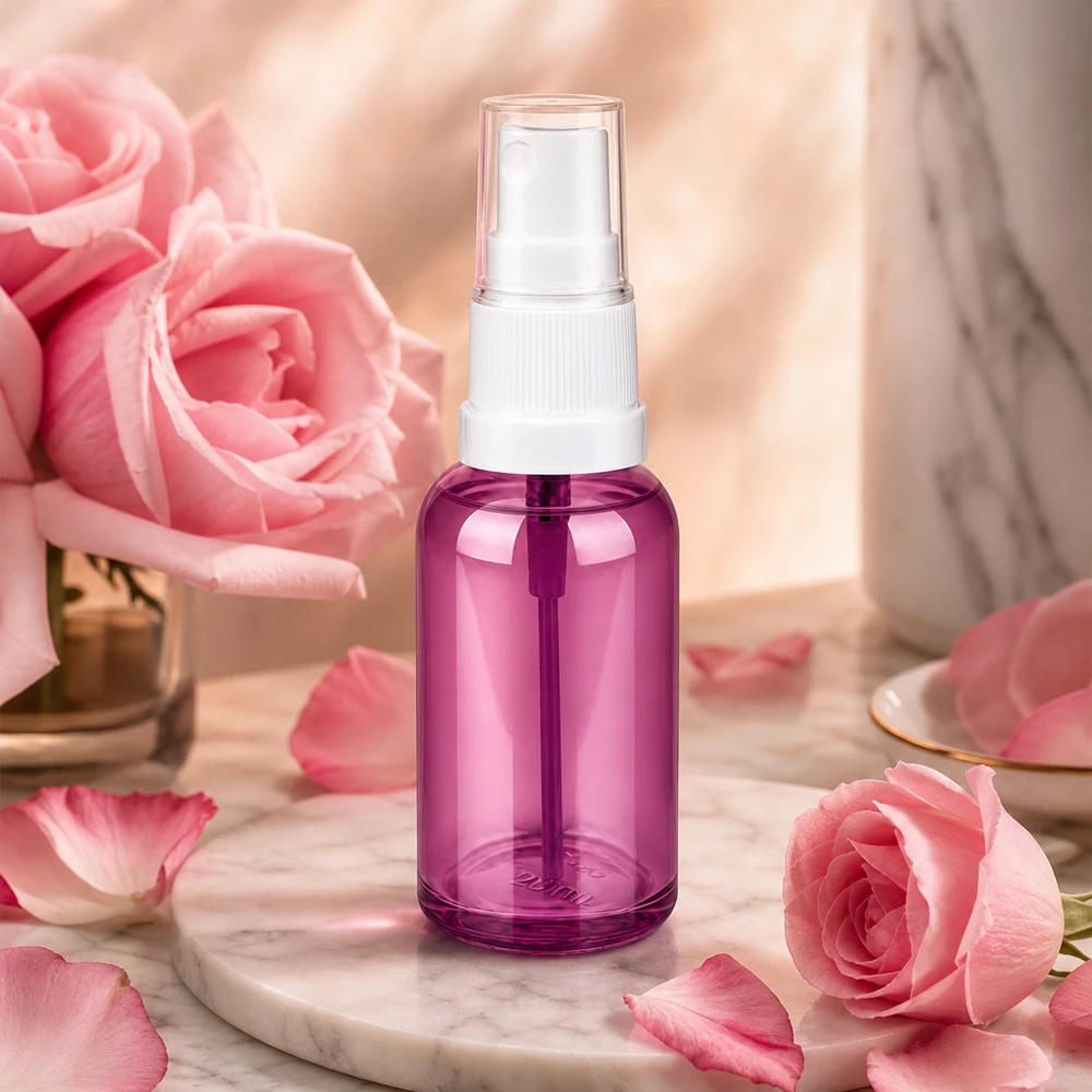 Pequeno frasco de spray de 30 ml com atomizador branco ideal para água de rosas e spray facial