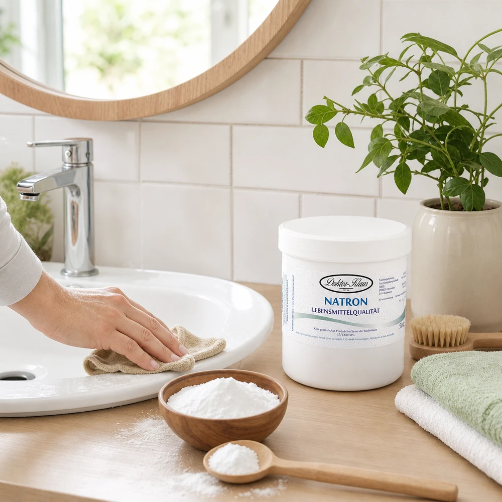 Bicarbonato de sódio 500g Doktor-Klaus Bicarbonato de sódio Doktor Klaus, lata de 500 g, versátil para a pastelaria, a limpeza e a higiene pessoal na casa de banho