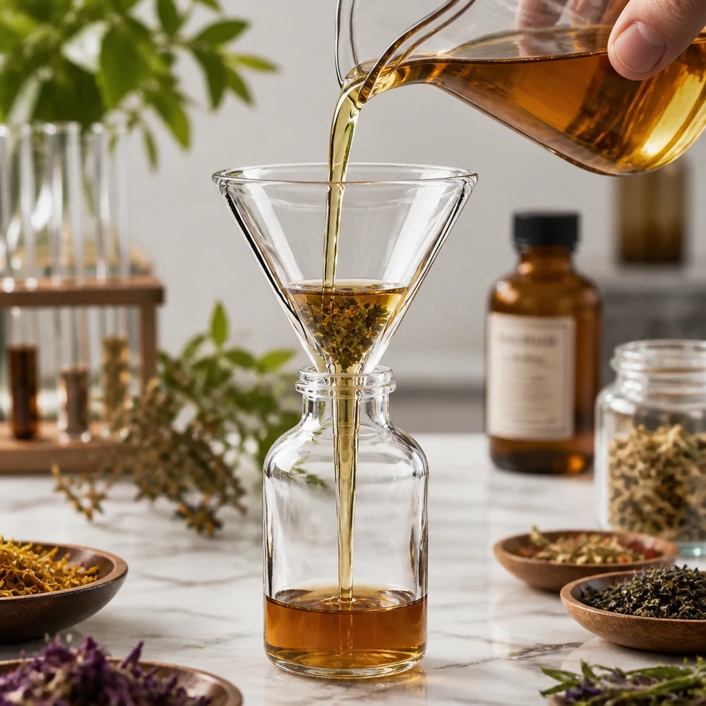 Funil ø35mm cal sodada, ângulo 60°, estilo curto Funil de vidro compacto com 35 mm de diâmetro e pega curta para facilitar o manuseamento durante a decantação