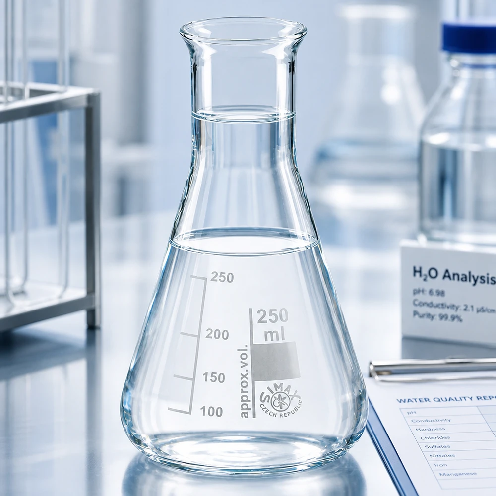 Balão de vidro graduado de 250 ml com forma cónica e gargalo estreito para análises laboratoriais