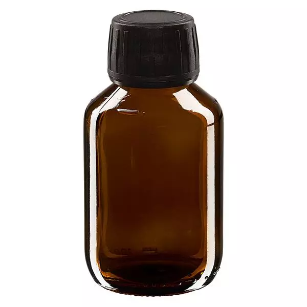 Frasco para medicamentos de 100 ml castanho, tampa preta com anel inviolável ApoGlas Frasco para medicamentos de 100 ml castanho, tampa preta com anel inviolável ApoGlas