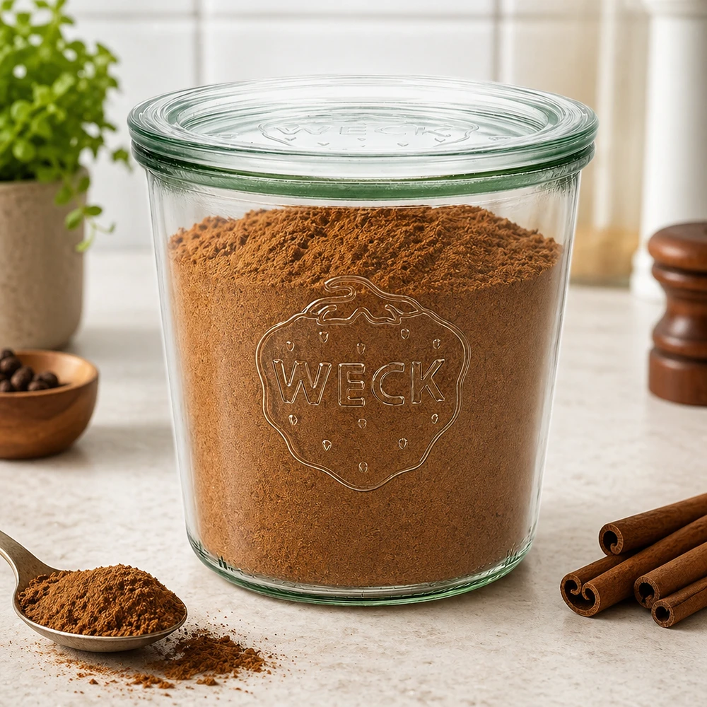 Frasco de vidro de 580 ml com tampa de vidro WECK RR100 Frasco de vidro WECK 580ml RR100 cheio de cacau em pó e canela na bancada para guardar especiarias