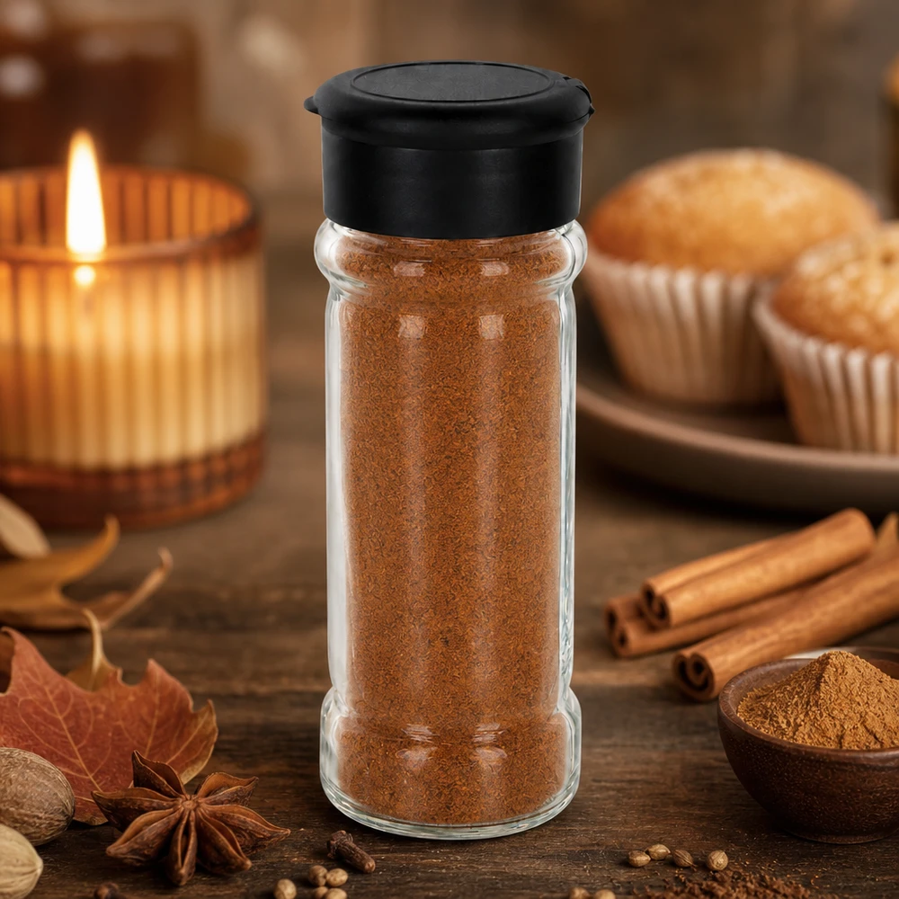 Frasco de especiarias com recheio de canela, 100 ml, com um espalhador preto, ao lado de paus de canela e muffins