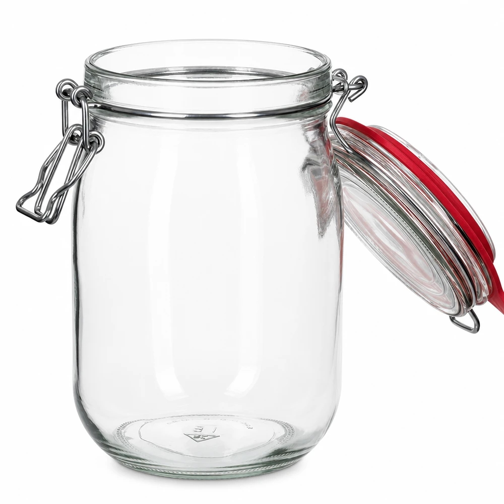 Frasco grande de vidro transparente para conservas com vedante de borracha vermelho e pega de metal 1140 ml