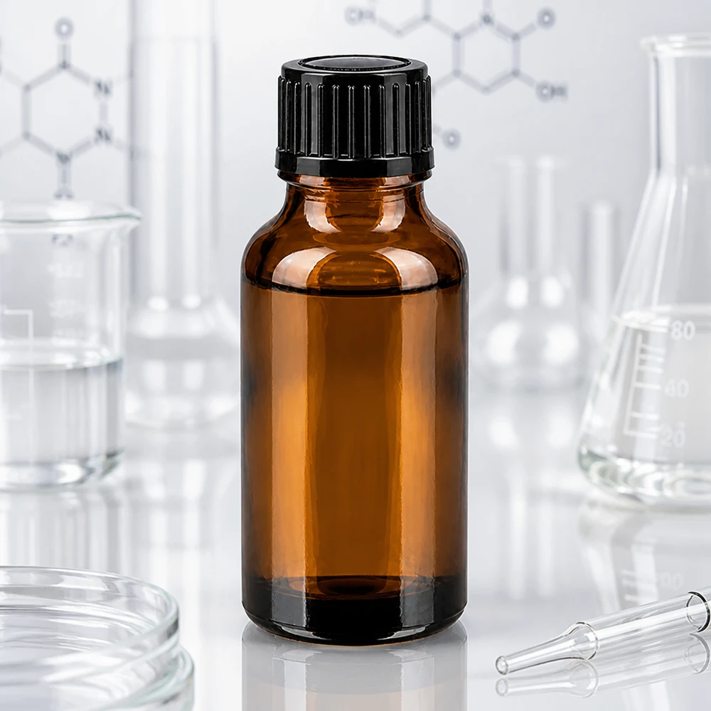 Frasco de vidro castanho de 20 ml com tampa de rosca preta, entre um balão de laboratório e um balão de Erlenmeyer
