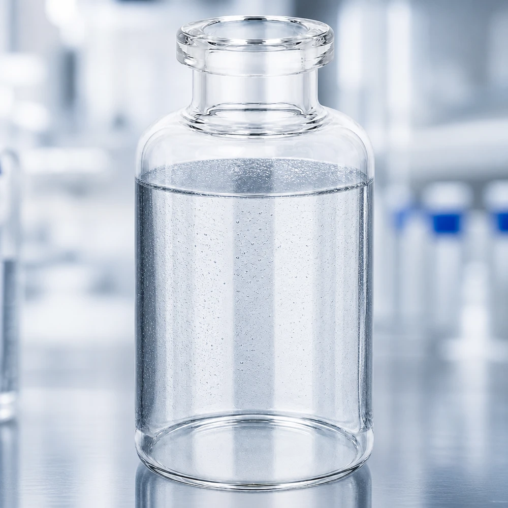 Frasco de injeção de vidro transparente 30ml Transparente 30ml Pharmaglasflasche mit wässrigem Inhalt und sichtbaren Mikroblasen Laborumgebung