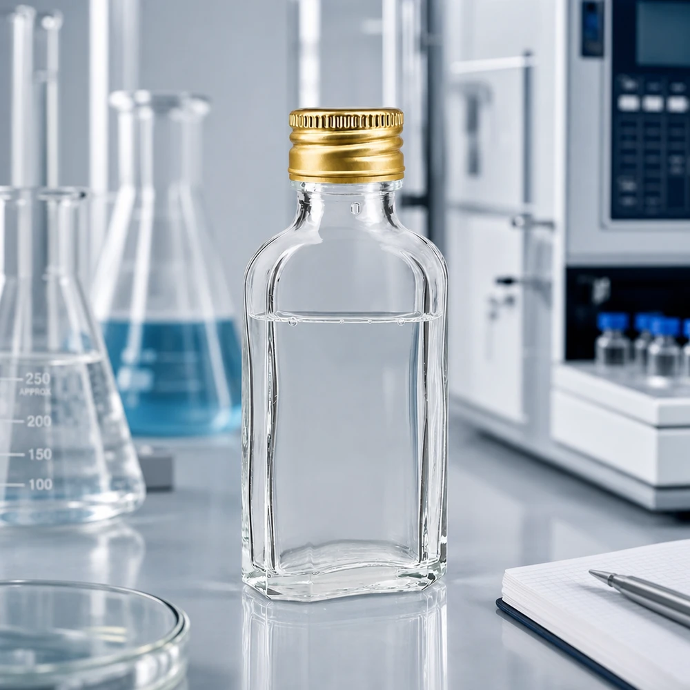 50 ml Meplat transparente com tampa de alumínio dourada PP22 Frasco Meplat transparente de 50 ml com tampa de alumínio dourada PP22, para utilização em laboratórios profissionais