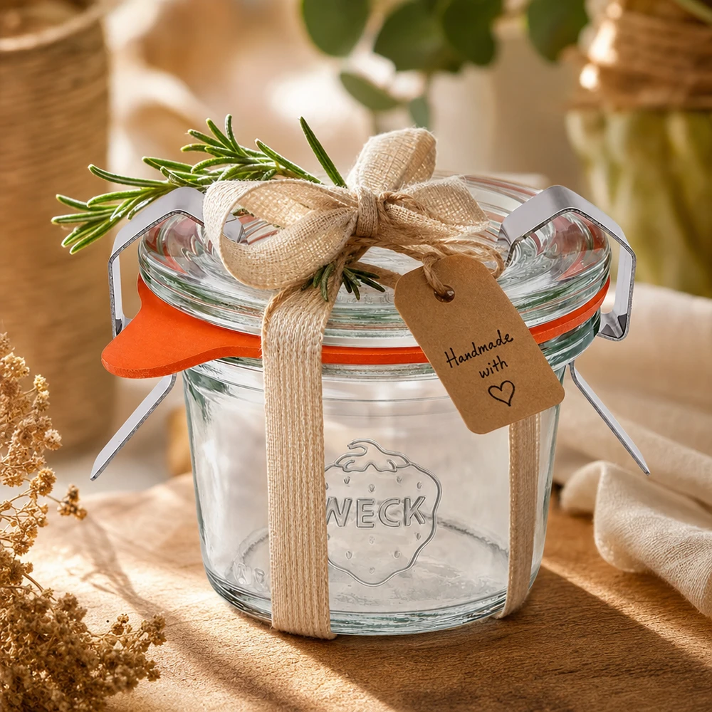 Copos WECK RR40 de 35 ml para oferta, decorados com fita de alecrim e etiqueta feita à mão