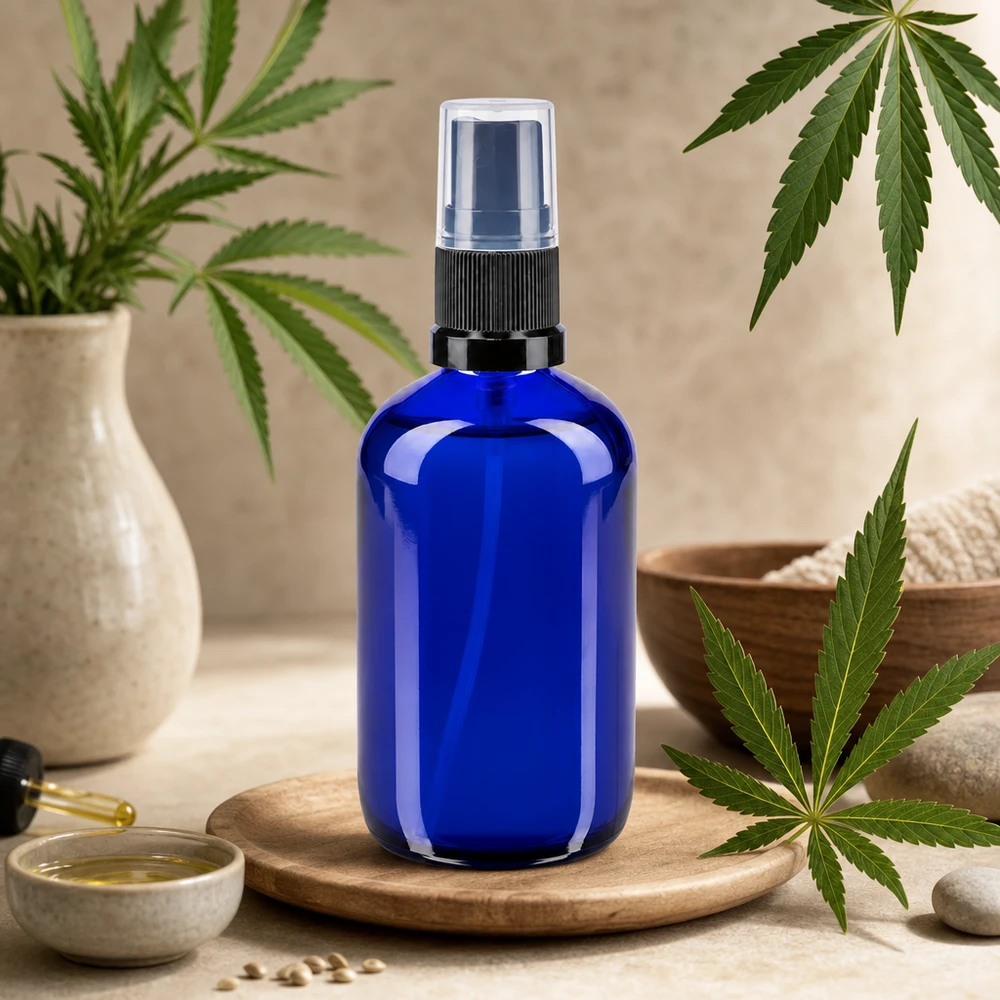 Frasco de farmácia azul 100ml spray top preto Frasco de vidro de farmácia com pulverizador de 100 ml, em azul cobalto, com plantas de cânhamo e elementos naturais de bem-estar à base de CBD