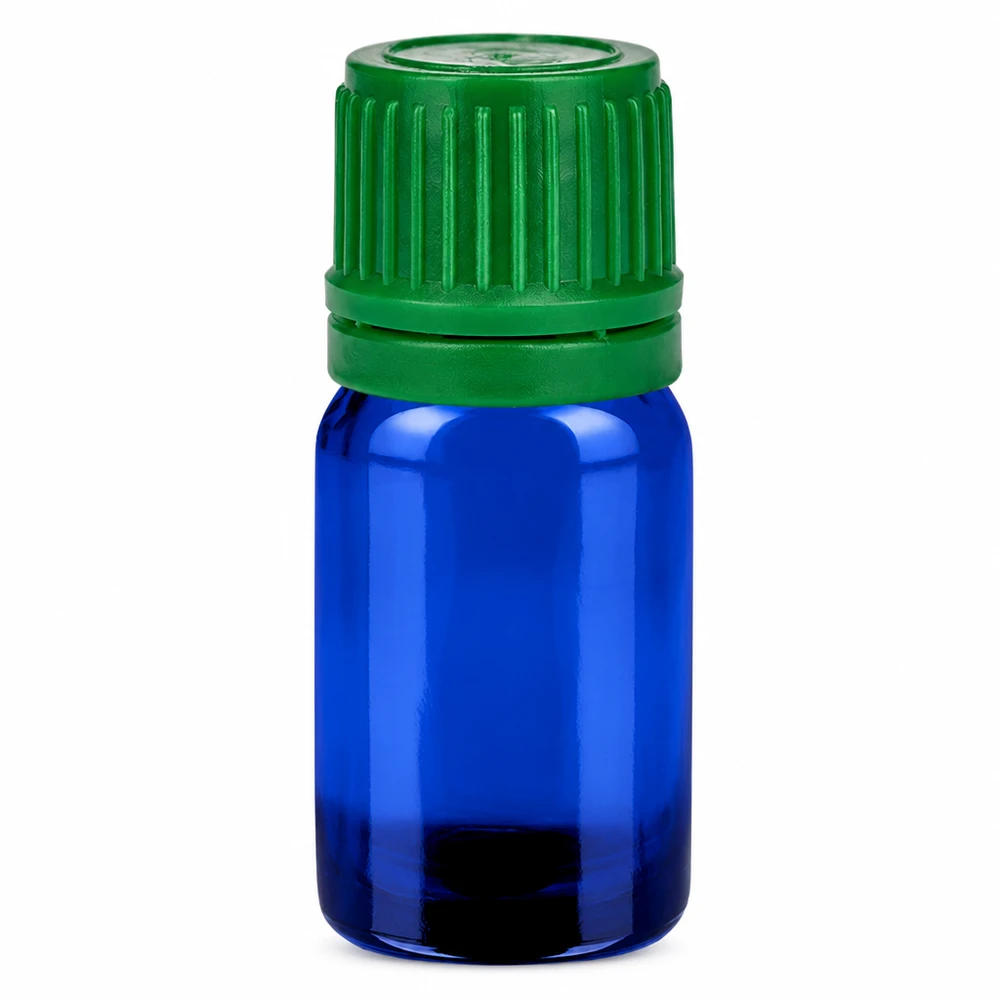 Frasco de 5 ml com tampa de rosca de 11 mm verde com fecho inviolável BlueLine UT18/5 Frasco de vidro de 5 ml azul com tampa de rosca verde para óleos essenciais e cosméticos