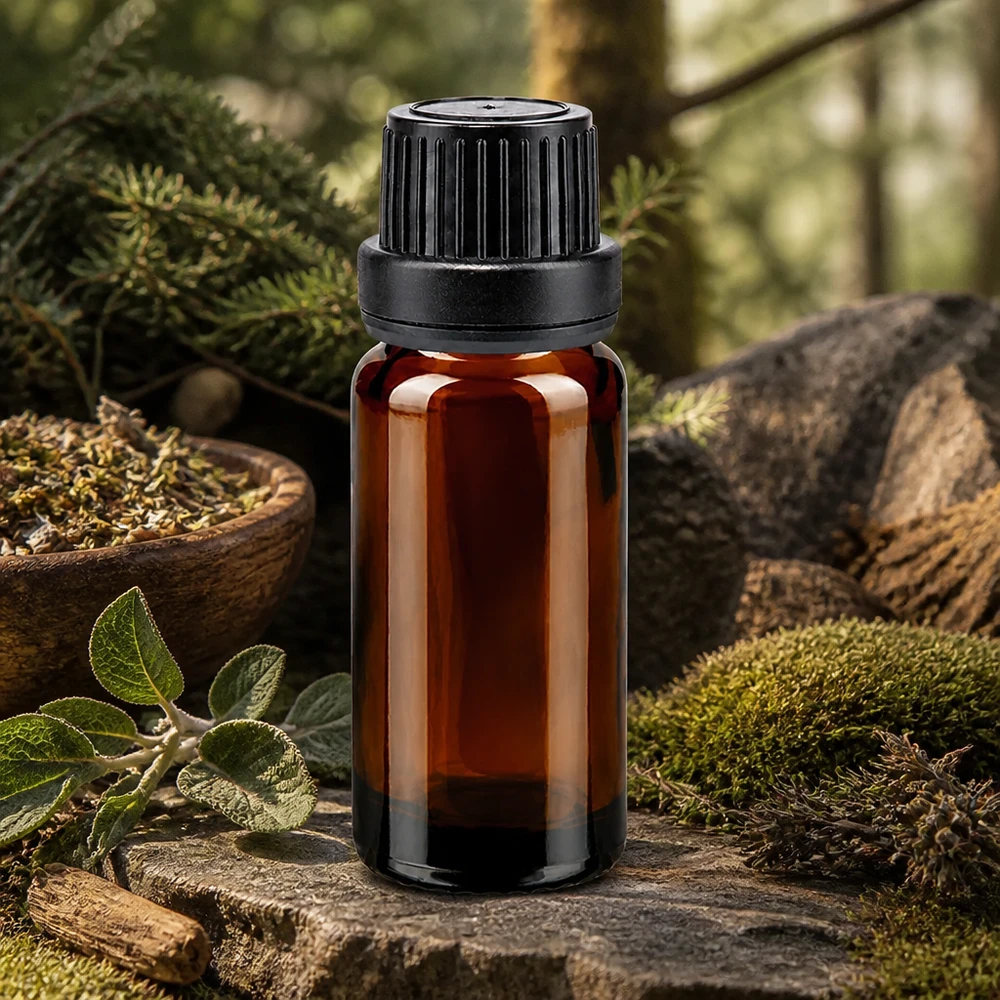 Frasco de vidro castanho de 10 ml com tampa de segurança preta e conta-gotas, com um tema florestal