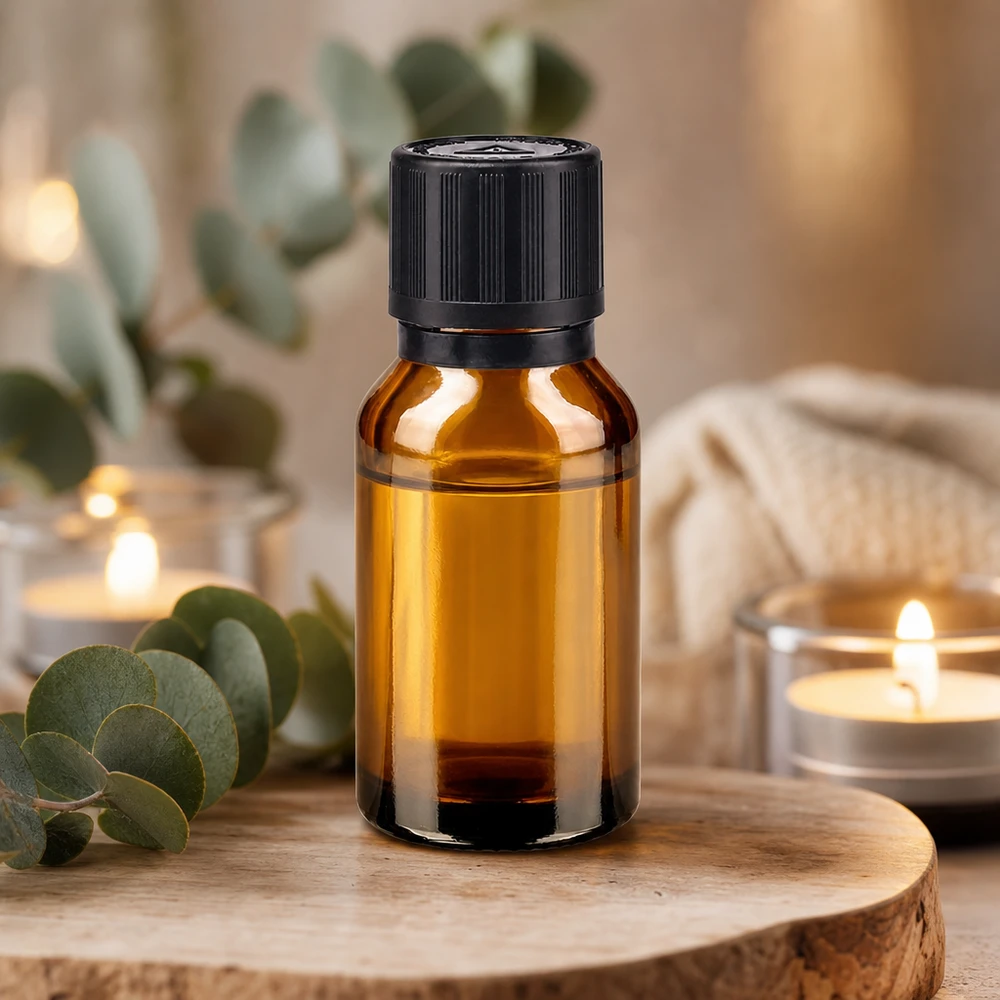 Frasco de farmácia castanho 15ml com tampa de conta-gotas Anel de verter 1mm preto Fecho de segurança para crianças Símbolo de aviso cego Fecho inviolável Garrafa de vidro cor de âmbar de 15 ml com tampa de segurança para crianças, sobre uma base de madeira com aroma a eucalipto