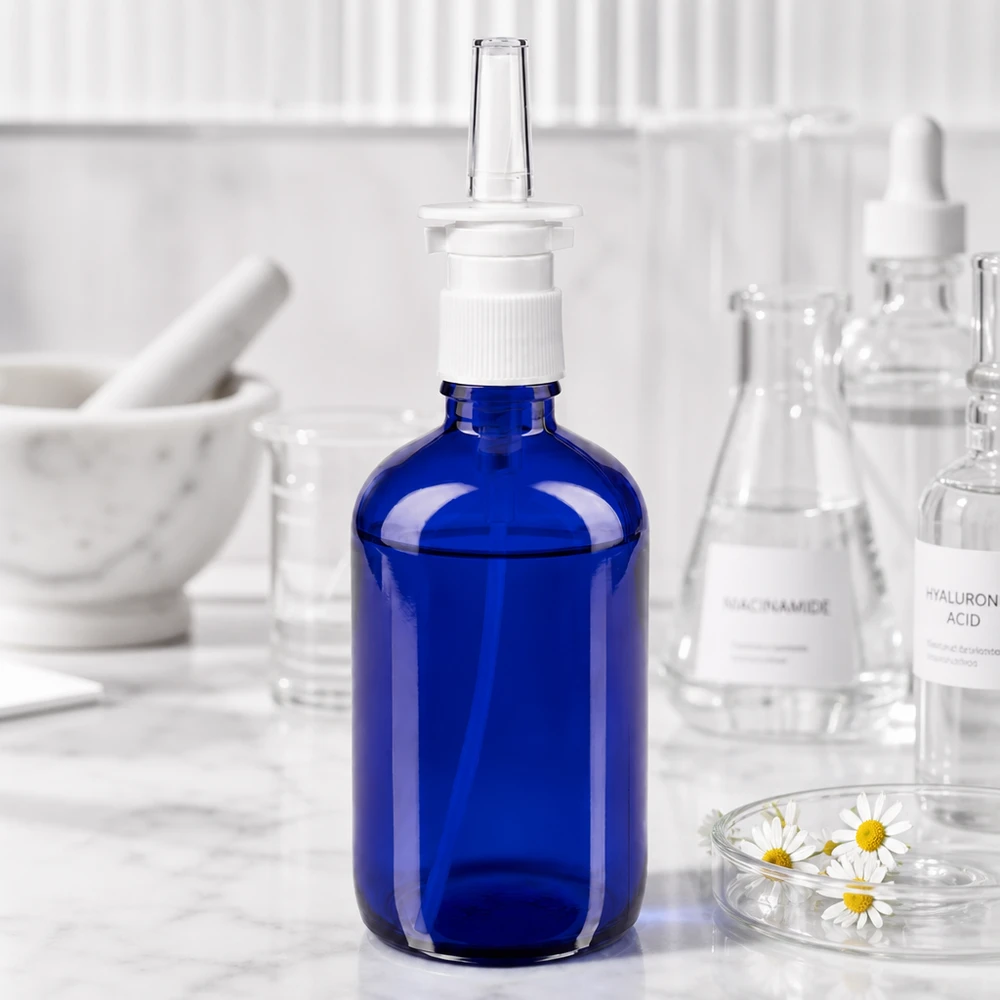 Frasco de vidro azul cobalto de 100 ml com bico pulverizador nasal, entre os frascos de laboratório de niacinamida e ácido hialurónico