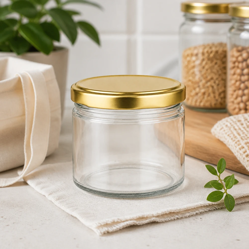 Frasco redondo de 540 ml com tampa BasicSeal dourada vazio em decoração de cozinha sustentável com fibras naturais e plantas