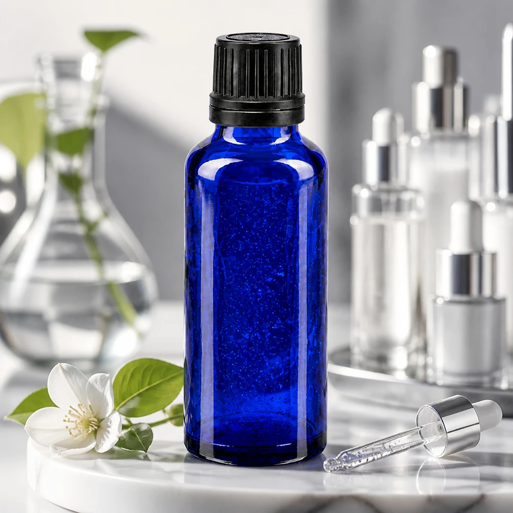 Frasco conta-gotas de 30 ml em vidro de farmácia, de cor azul cobalto, com tampa de segurança preta e pipeta