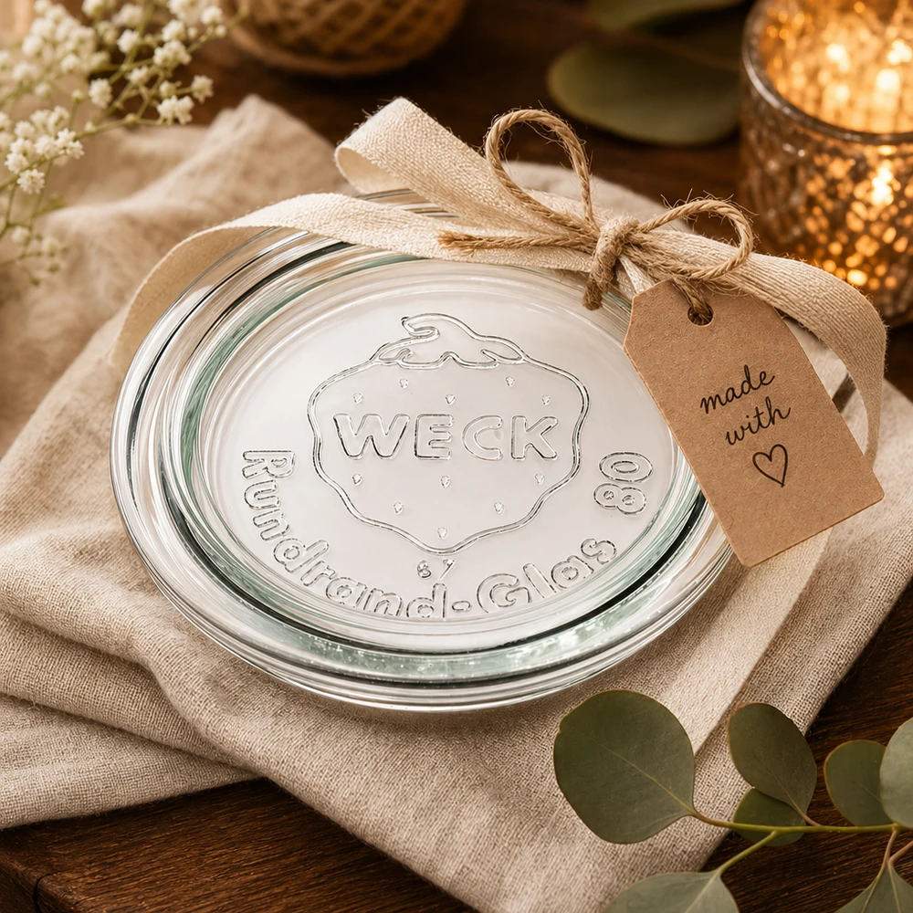 Tampa de frasco WECK RR80 embrulhada para presente com fita de juta e etiqueta feita com amor decorada em tecido de linho