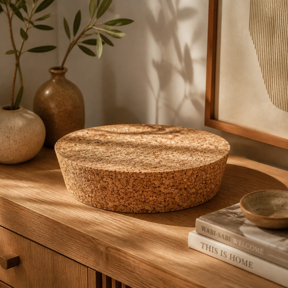 Cortiça para abertura de 75mm WECK RR80 (ø72/82, H=20mm) Rolha de cortiça WECK RR80 cortiça natural sobre cómoda de madeira com livros e vasos de cerâmica decoração moderna de sala de estar abertura de 75 mm