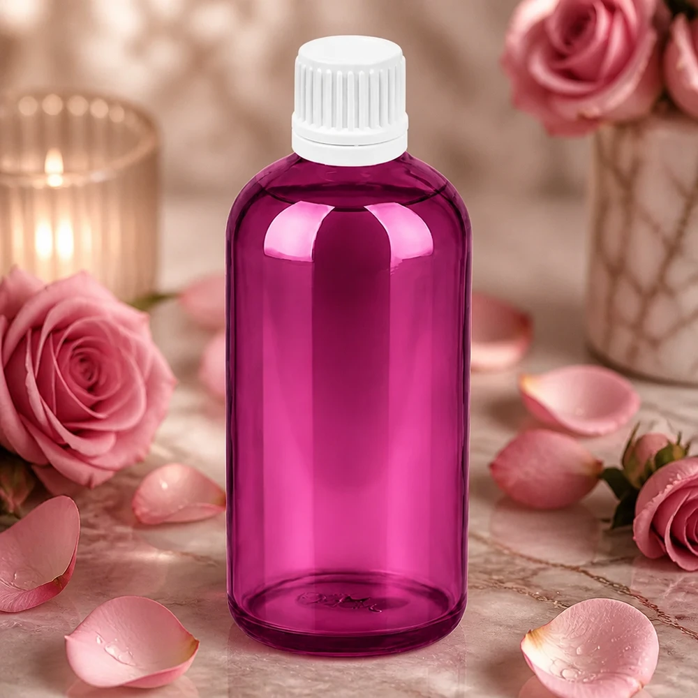Frasco conta-gotas de 100 ml com tampa de rosca Originality branca de 0,7 mm PurpleLine UT18/100 Frasco conta-gotas pequeno de 100 ml em violeta elegante com tampa de rosca branca para cosméticos e produtos de cuidado