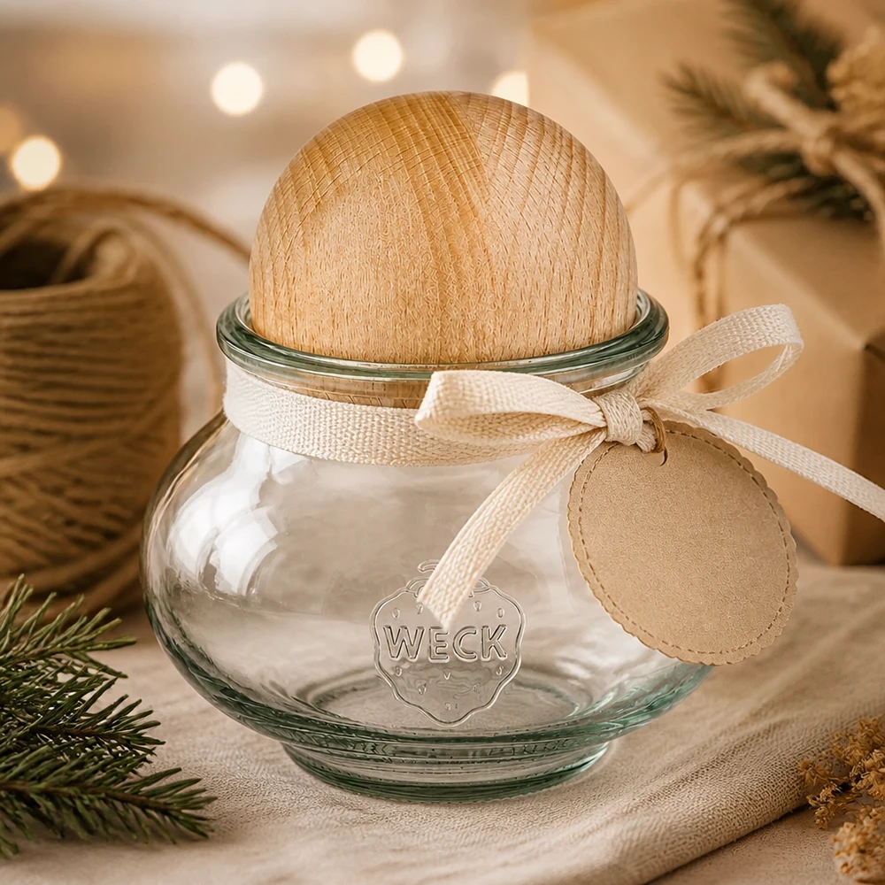 Frasco para jóias WECK RR80 de 560ml com bola de madeira de faia Frasco de conserva WECK 560ml RR80 bola de madeira faia embalagem para presente laço decoração de Natal apresentação festiva
