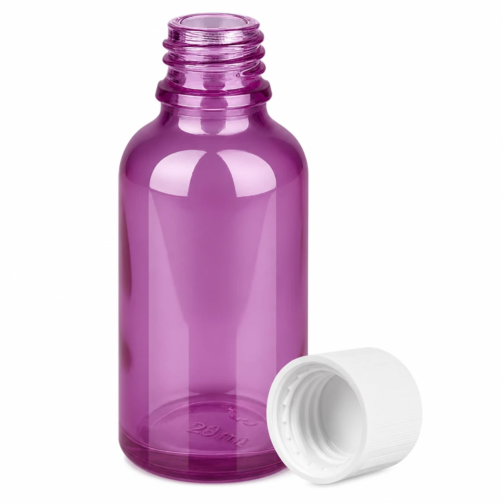 Frasco conta-gotas de vidro violeta de 30 ml com tampa branca para óleos essenciais e soros