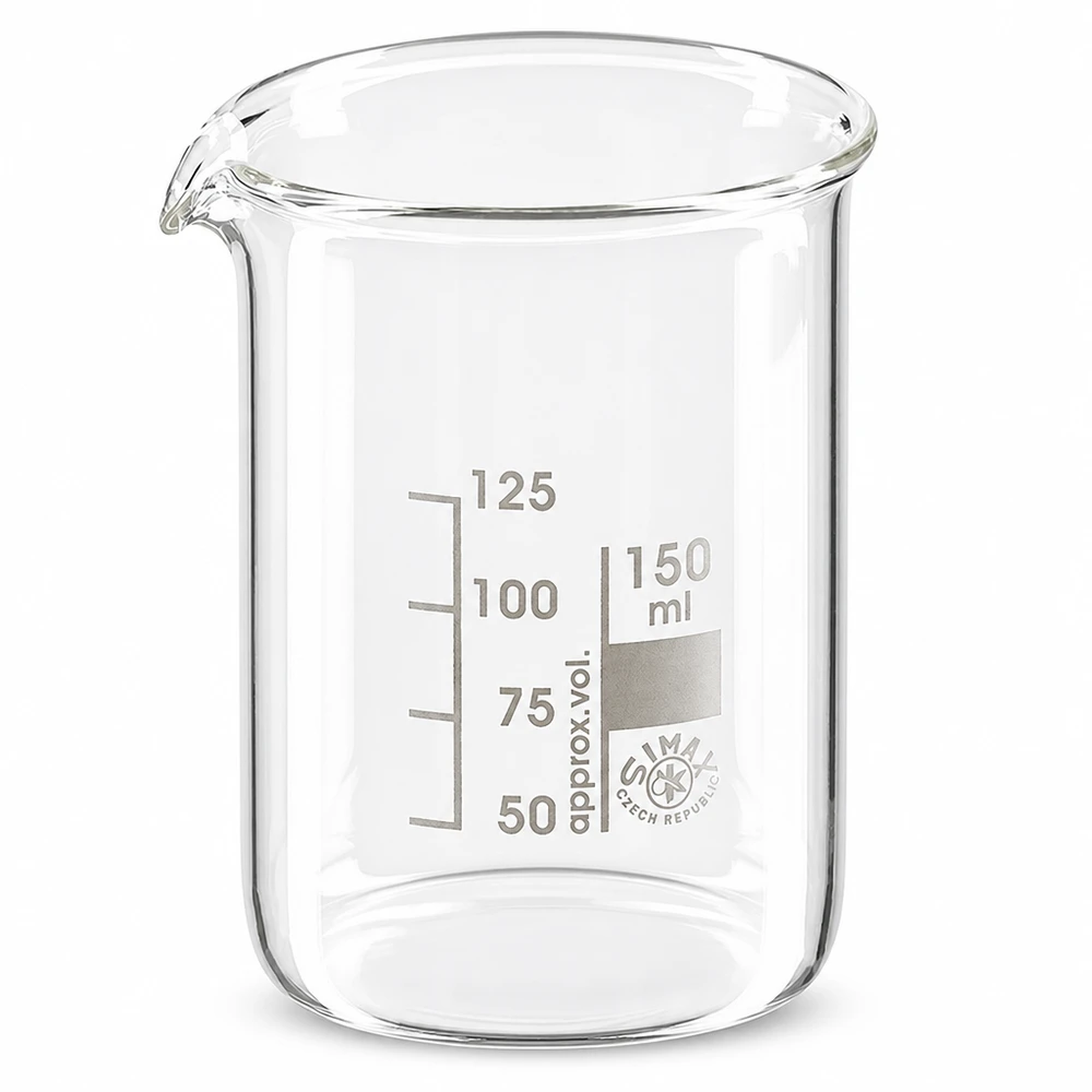 Copo de 150 ml em vidro borossilicato com bico e graduação para utilização em laboratório