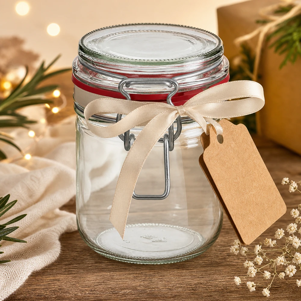 Frasco de conserva de 400 ml, tipo G, com tampa de fecho de alça UN.. Frasco decorativo de 400 ml com laço de cor creme e etiqueta de oferta para ocasiões especiais