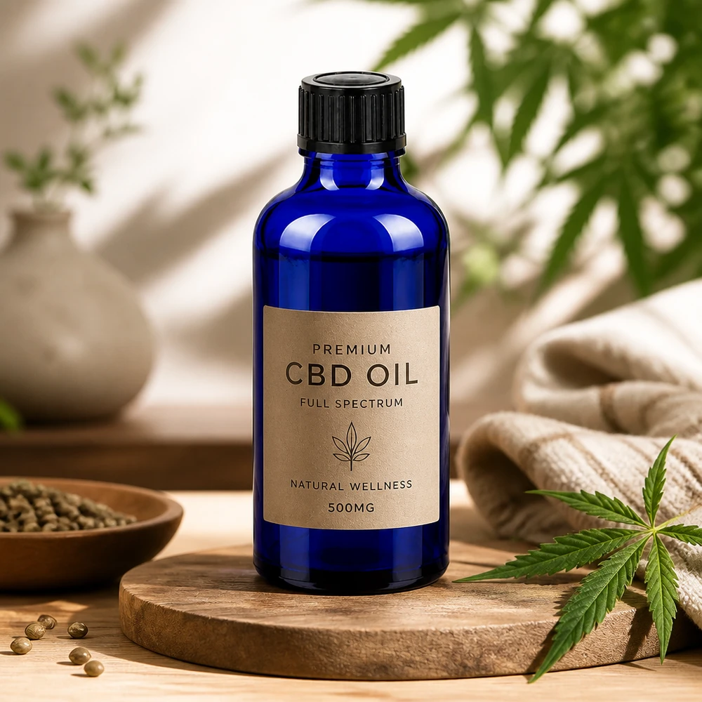 Pequeno frasco de vidro de 50 ml em azul intenso com uma prática tampa preta para utilização móvel