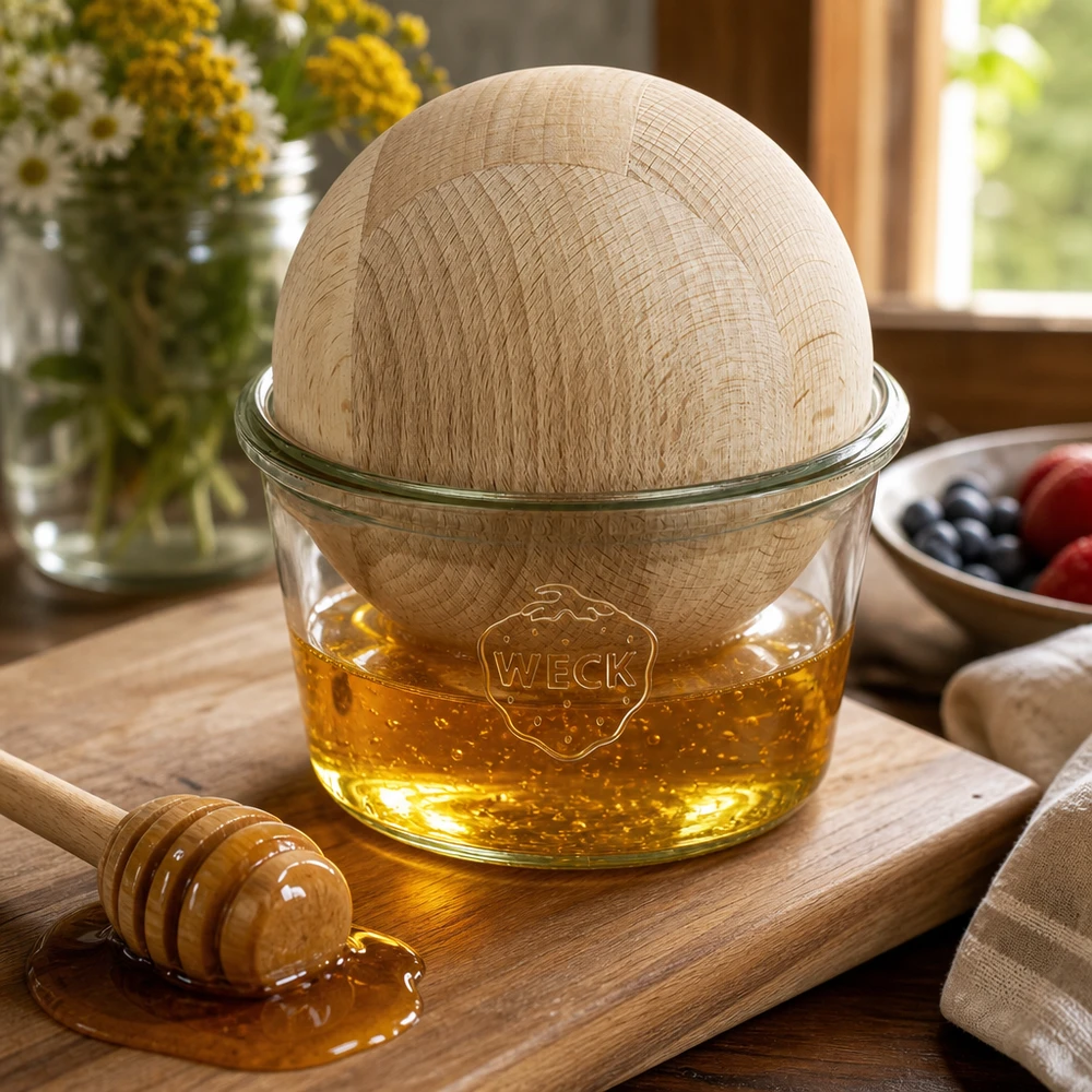 370ml Sturzglas WECK RR100 mit Holzkugel Buche Frasco de 370 ml da WECK como dispensador de mel com bola de faia numa tábua de madeira ao lado de uma colher de mel - decoração natural de cozinha